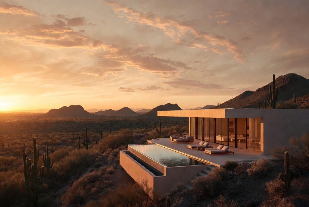 Modern luxury desert villa at golden hour overlooking the Sonoran landscape